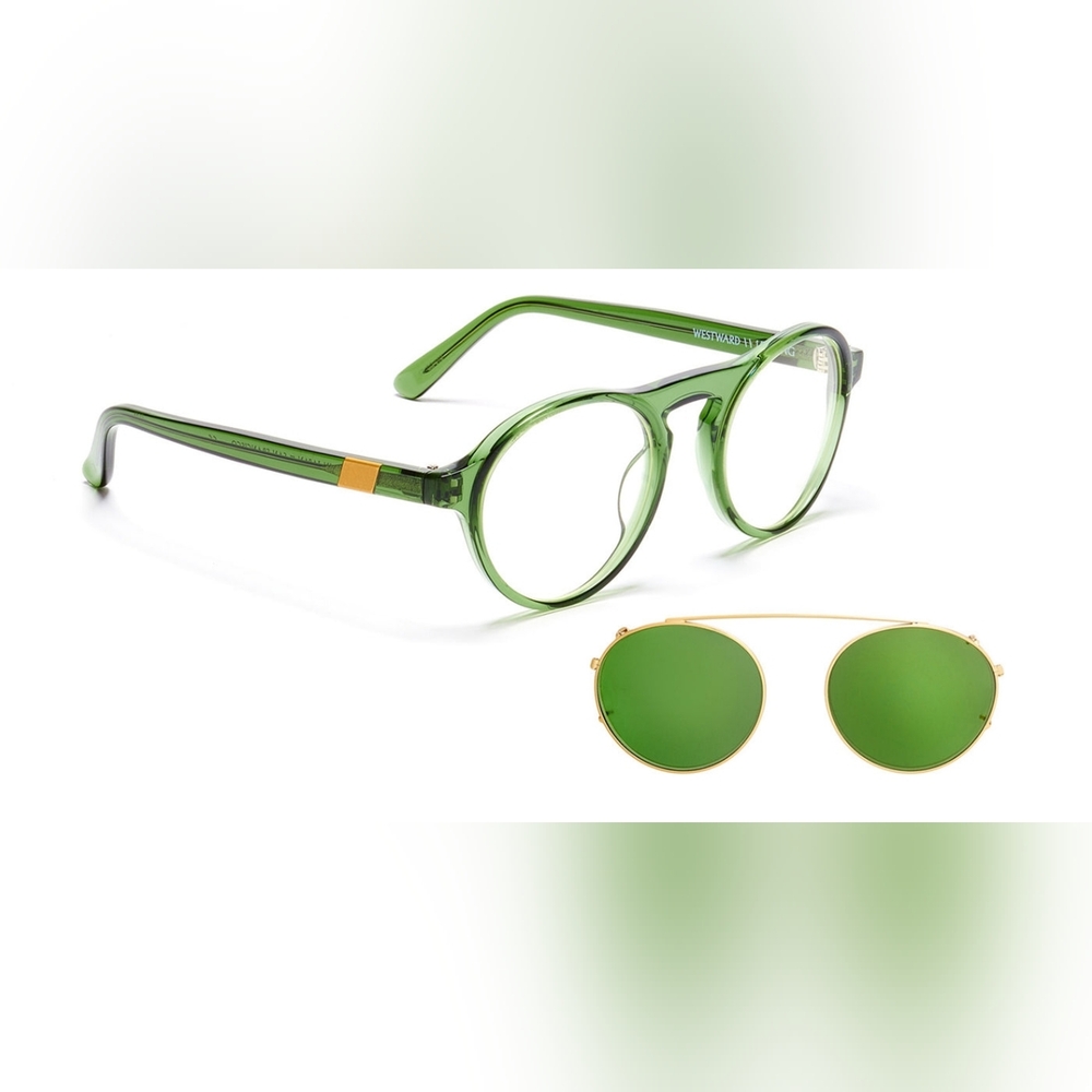 🆕$295 Westward Leaning 2in1 Clip Off Round Shades🔄Glasses Made JAPAN GRN/GLD